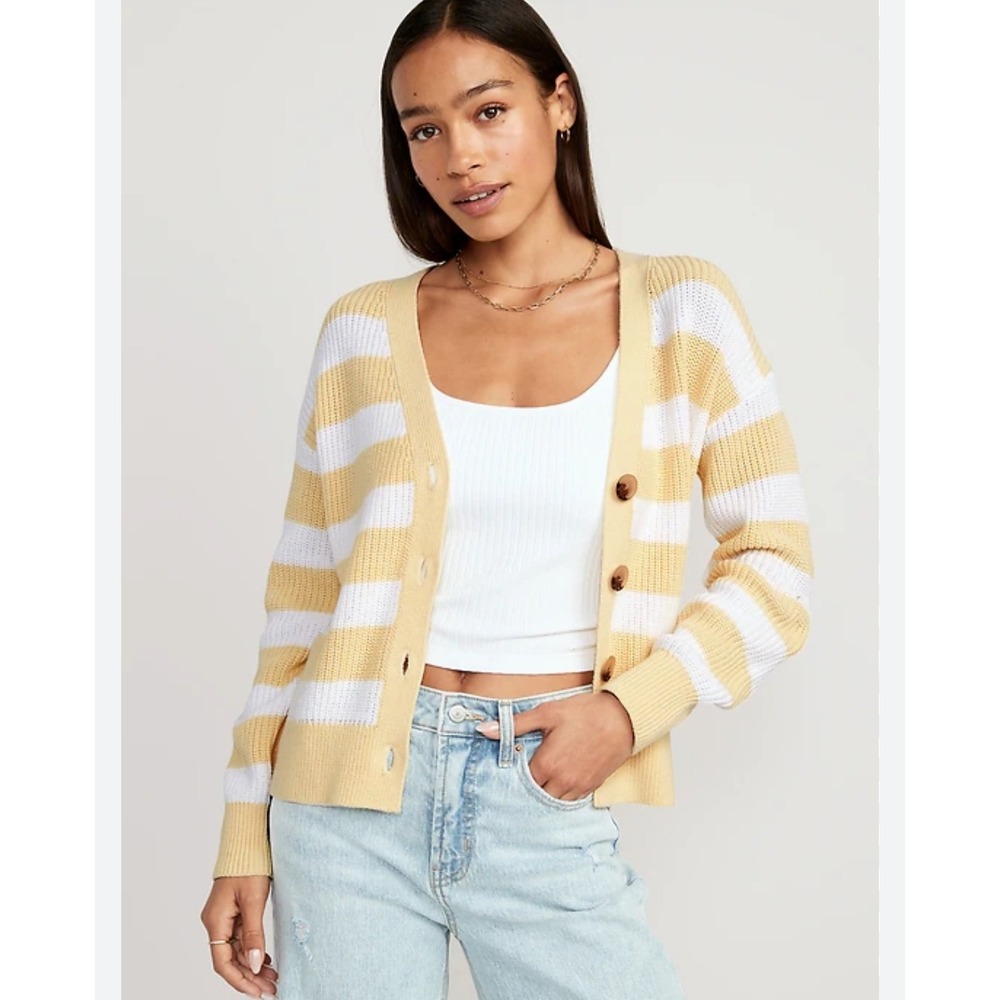 Old Navy Womens Yellow White Striped Cotton‎ V-Neck Button Front Cardigan Small